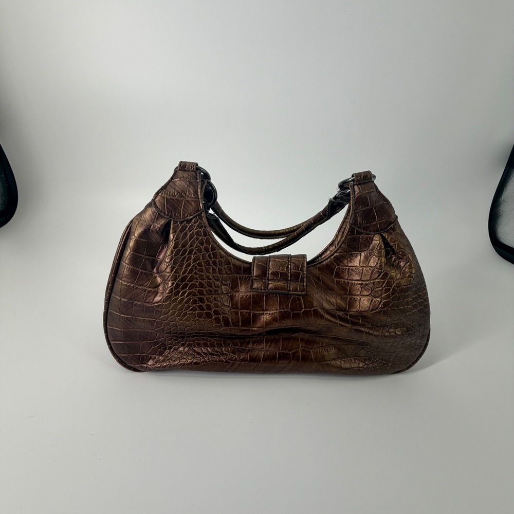 Y2K Mondani New York Bronze Metallic Croc Embossed Hobo Bag Purple Lining - Picture 3 of 8